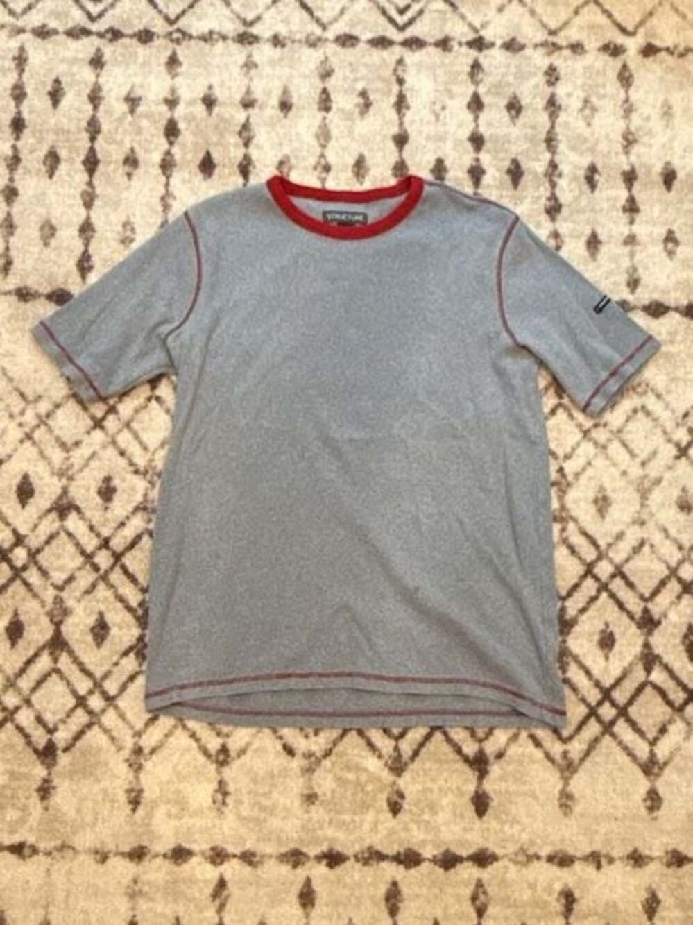 Vintage Structure Ribbed Ringer T-Shirt Gray Red Contrast Stitching - Picture 2 of 6